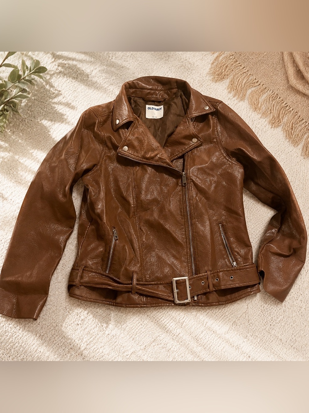 Old Navy Brown Faux Leather Moto Jacket Women’s Large Belted Biker Jacket
